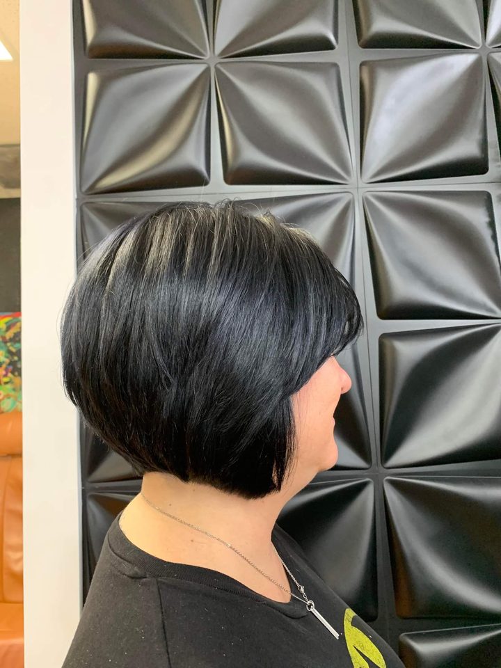 Sharp graduated black bob cut at Serendipity