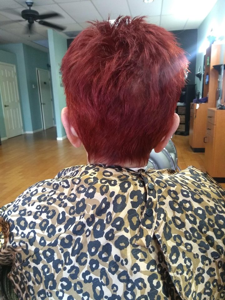 Copper red pixie cut finished at the studio