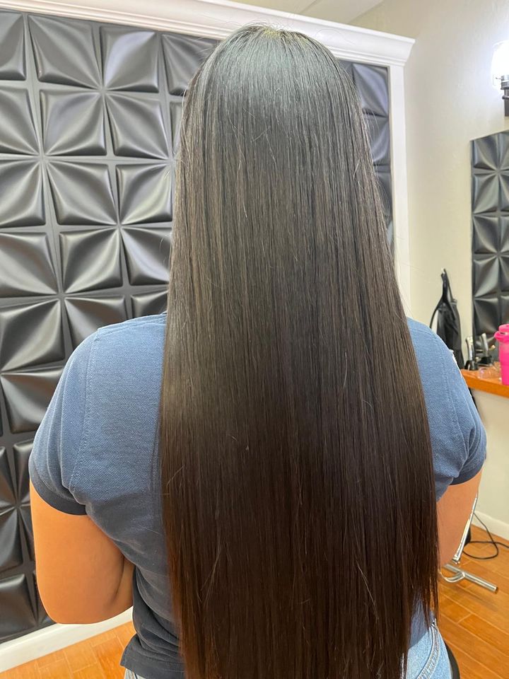 Very long, glossy straight brunette hair