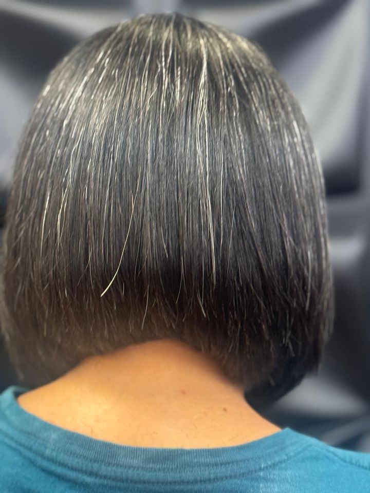 Blunt bob with blended gray strands